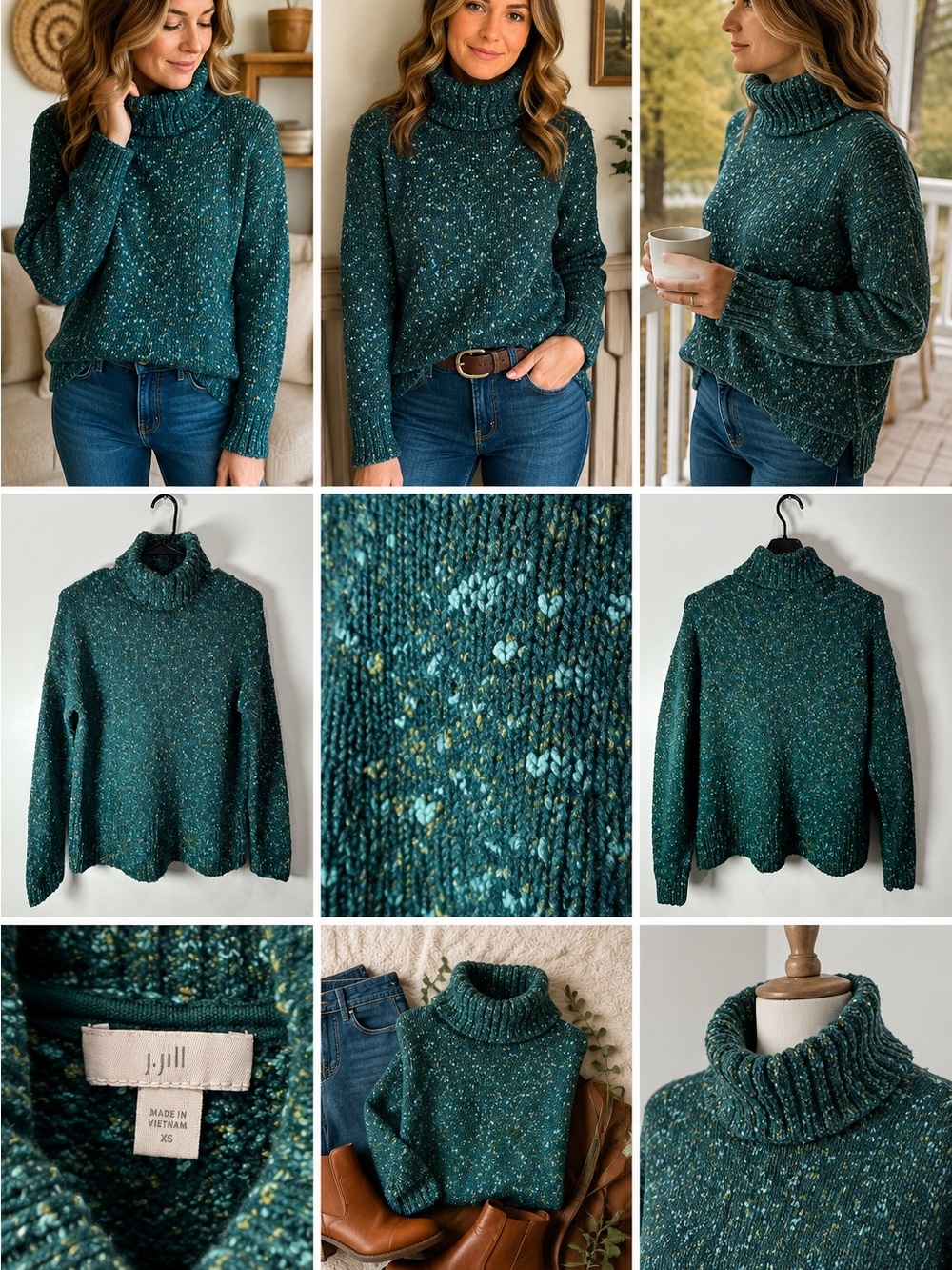 J.Jill Chunky Sweater XS Teal Confetti Speckled Knit Turtleneck Cotton Blend